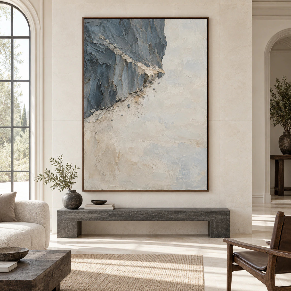 Large vertical Slate-Ember painting displayed straight-on in a bright, expansive architectural living space.