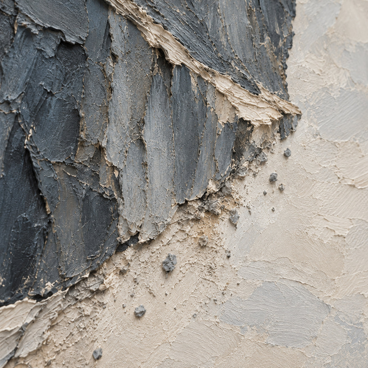 Slate-Ember oil painting brushwork and impasto detail photographed from an oblique side angle