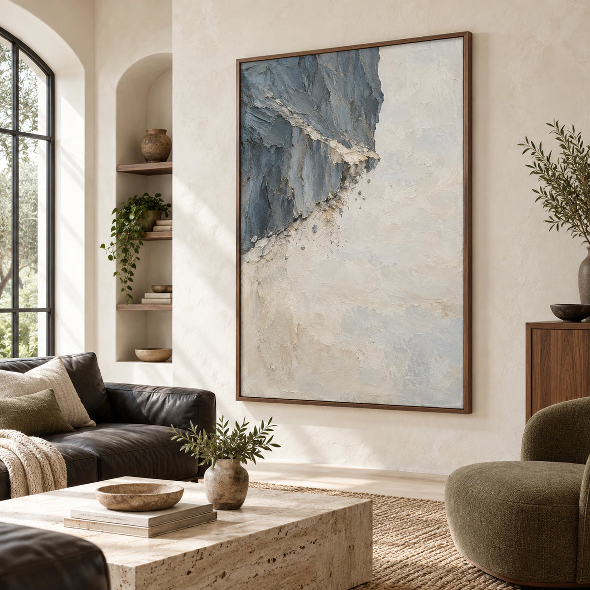 Slate-Ember as a large focal artwork in a bright contemporary living room.