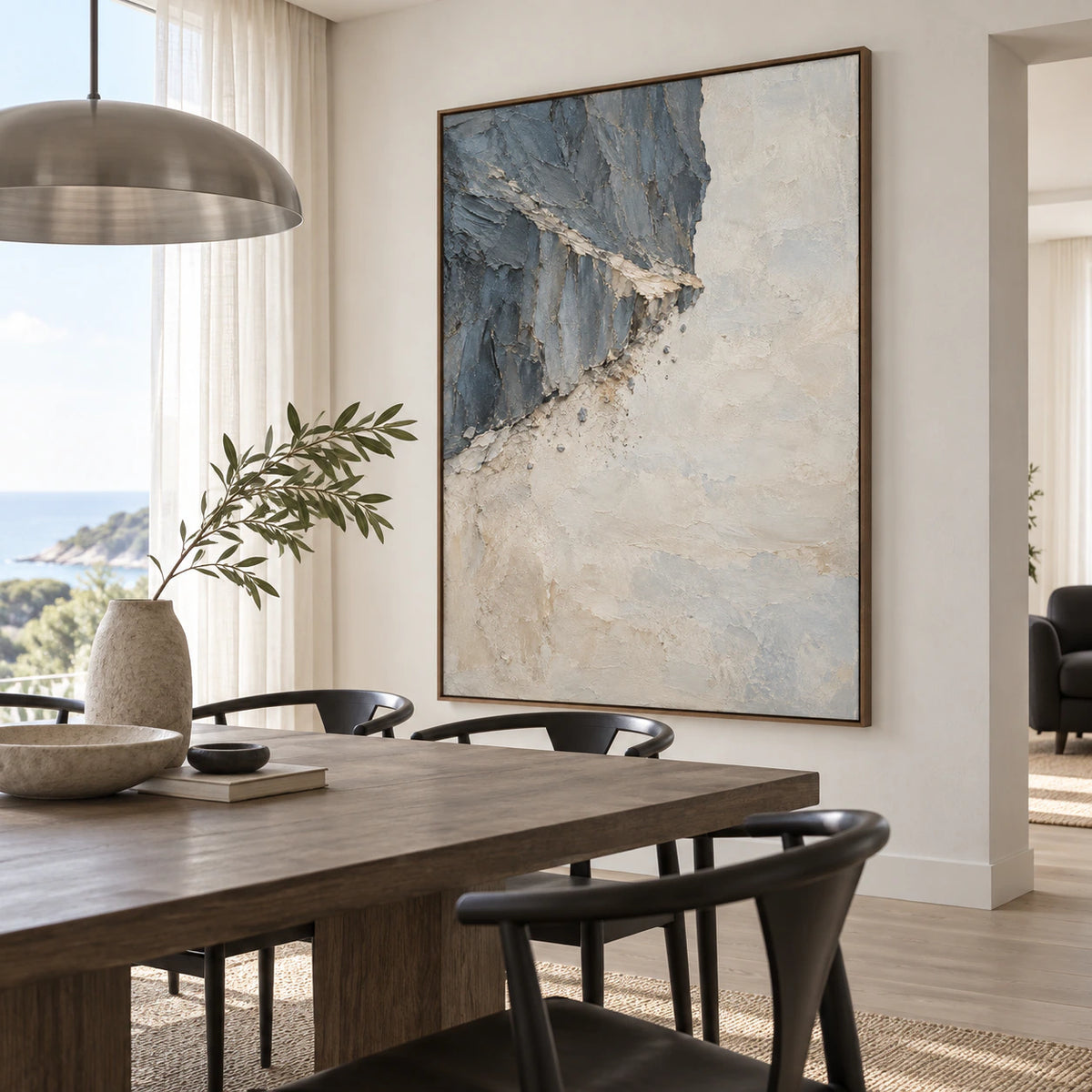 Slate-Ember displayed above a refined dining setting in daylight.