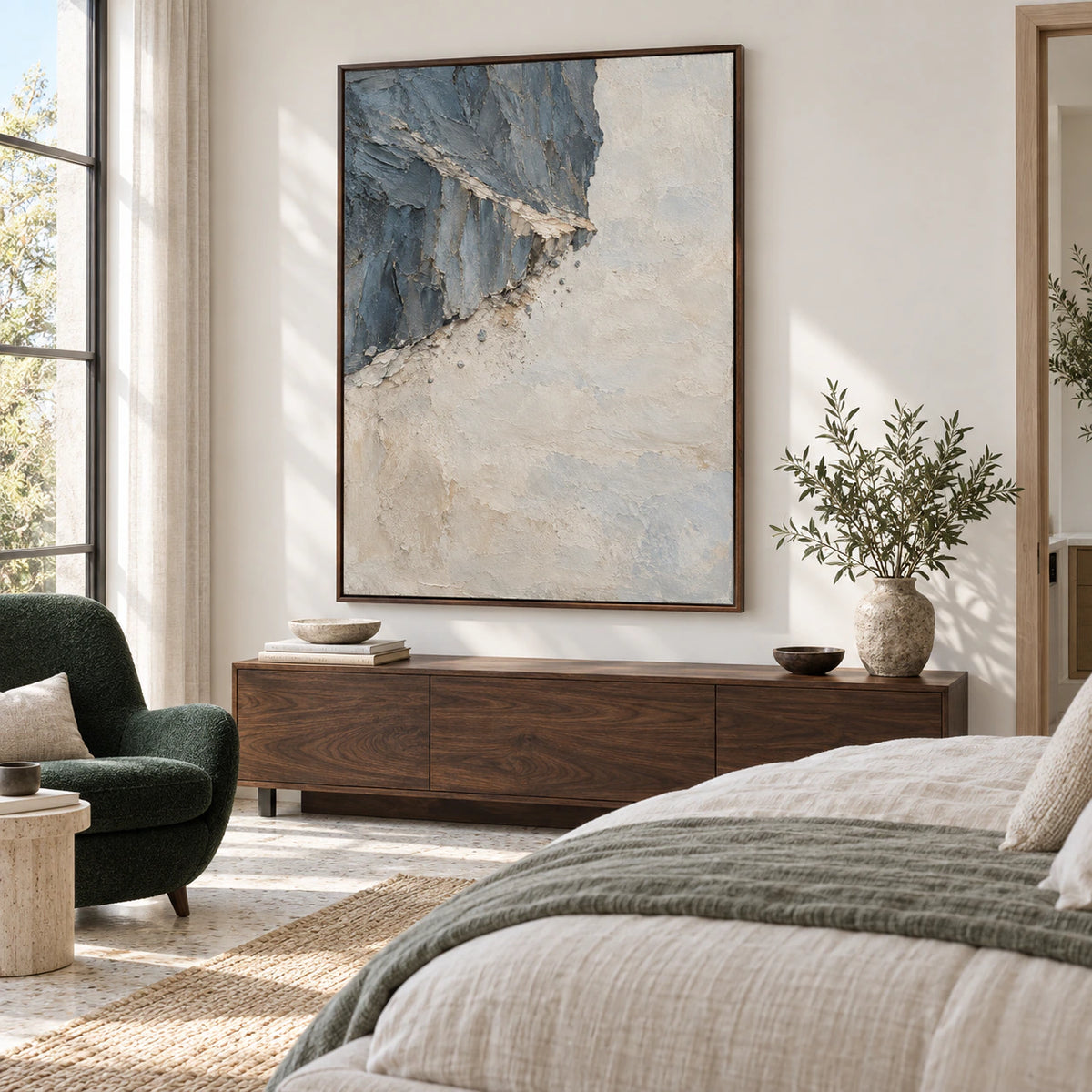 Slate-Ember as the focal artwork in a quiet, softly lit bedroom.