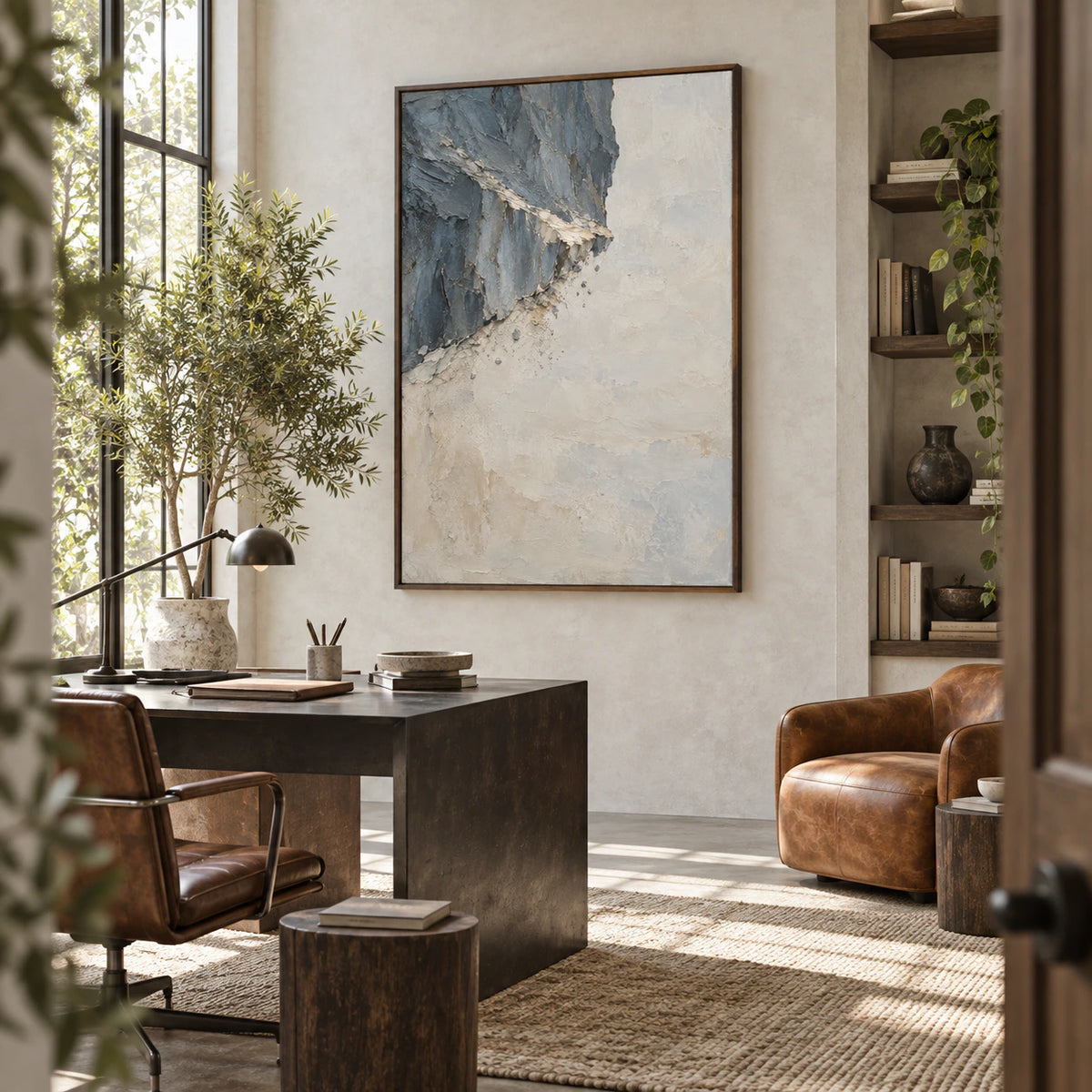 Slate-Ember displayed prominently in an airy home office reading space.