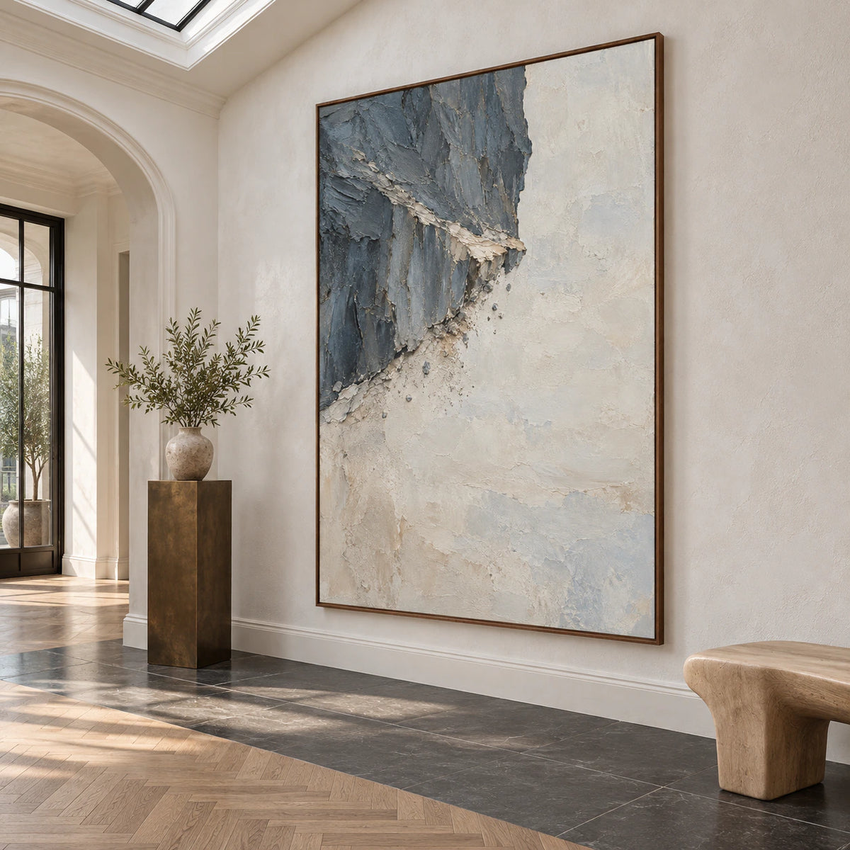 Large Slate-Ember painting installed in a gallery-scale daylight foyer.