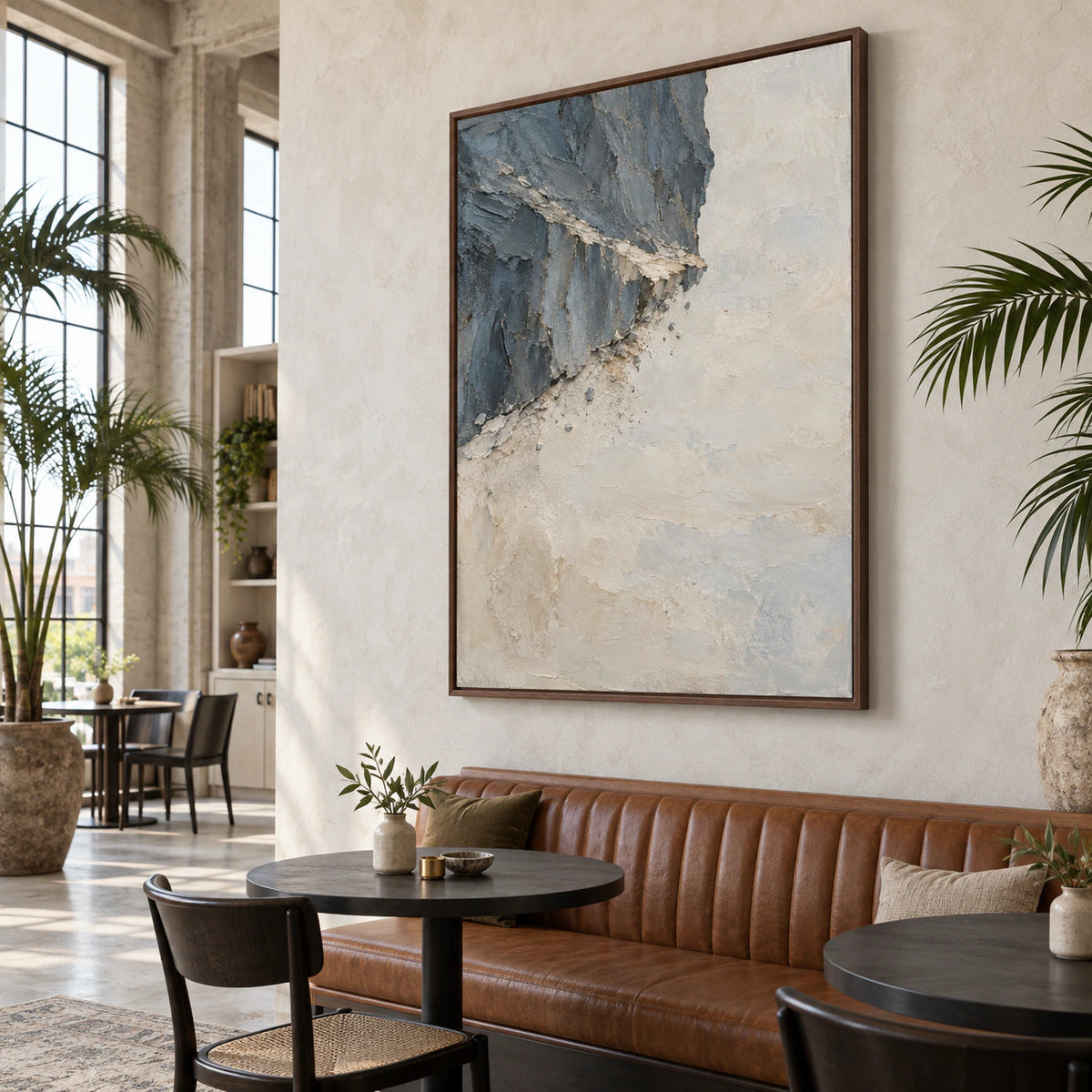 Slate-Ember as a large-scale artwork in an open hospitality loft interior.
