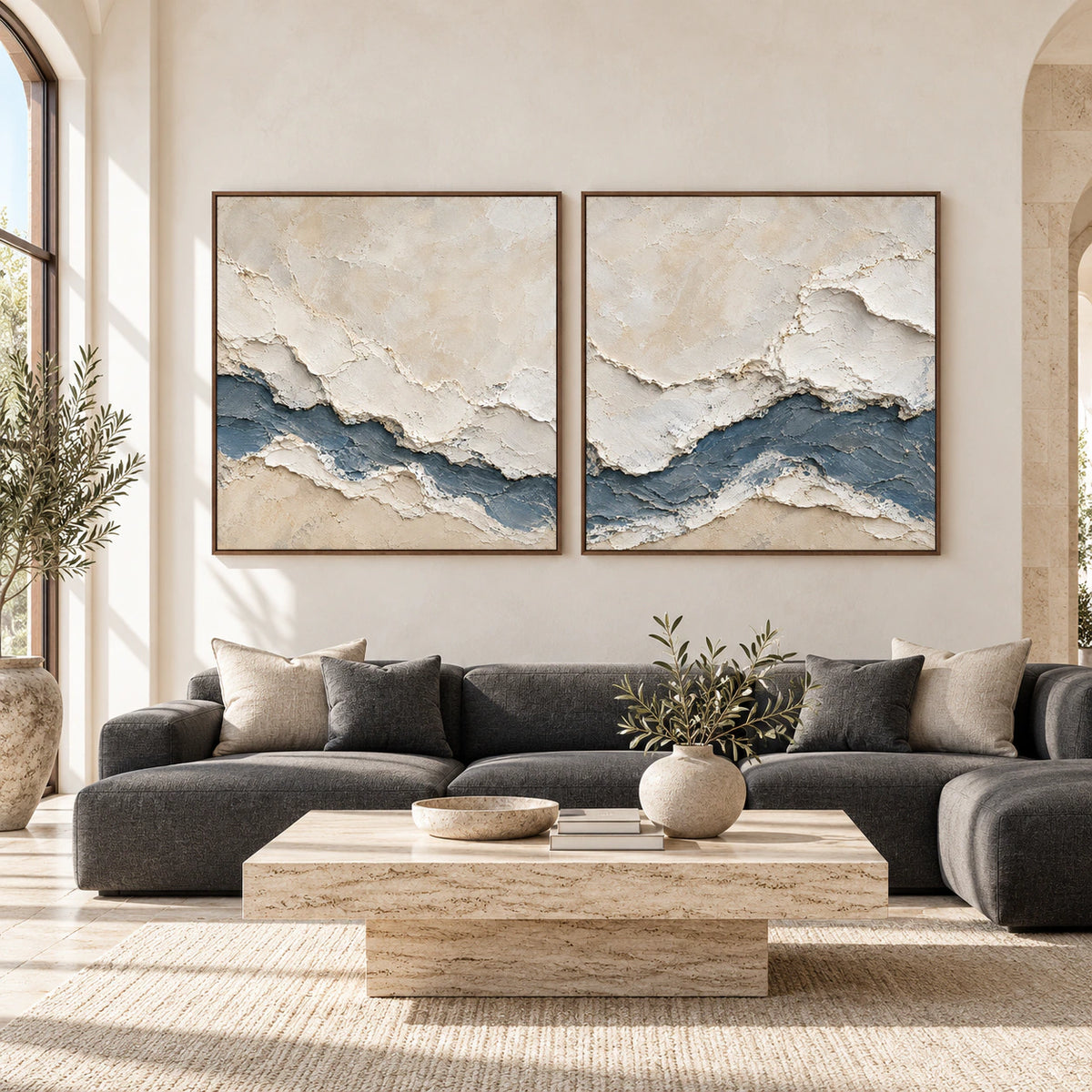 Large straight-on architectural interior featuring the Slate-Estuary square diptych in walnut frames.