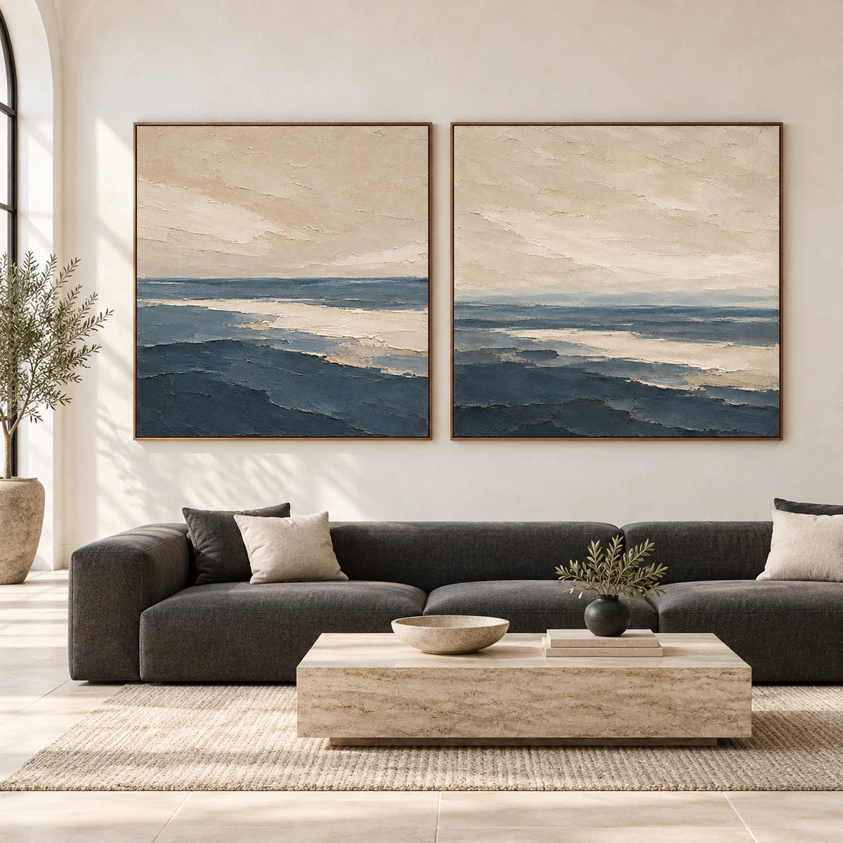 Large straight-on gallery interior with the Slate-Horizon square diptych in slim walnut frames.