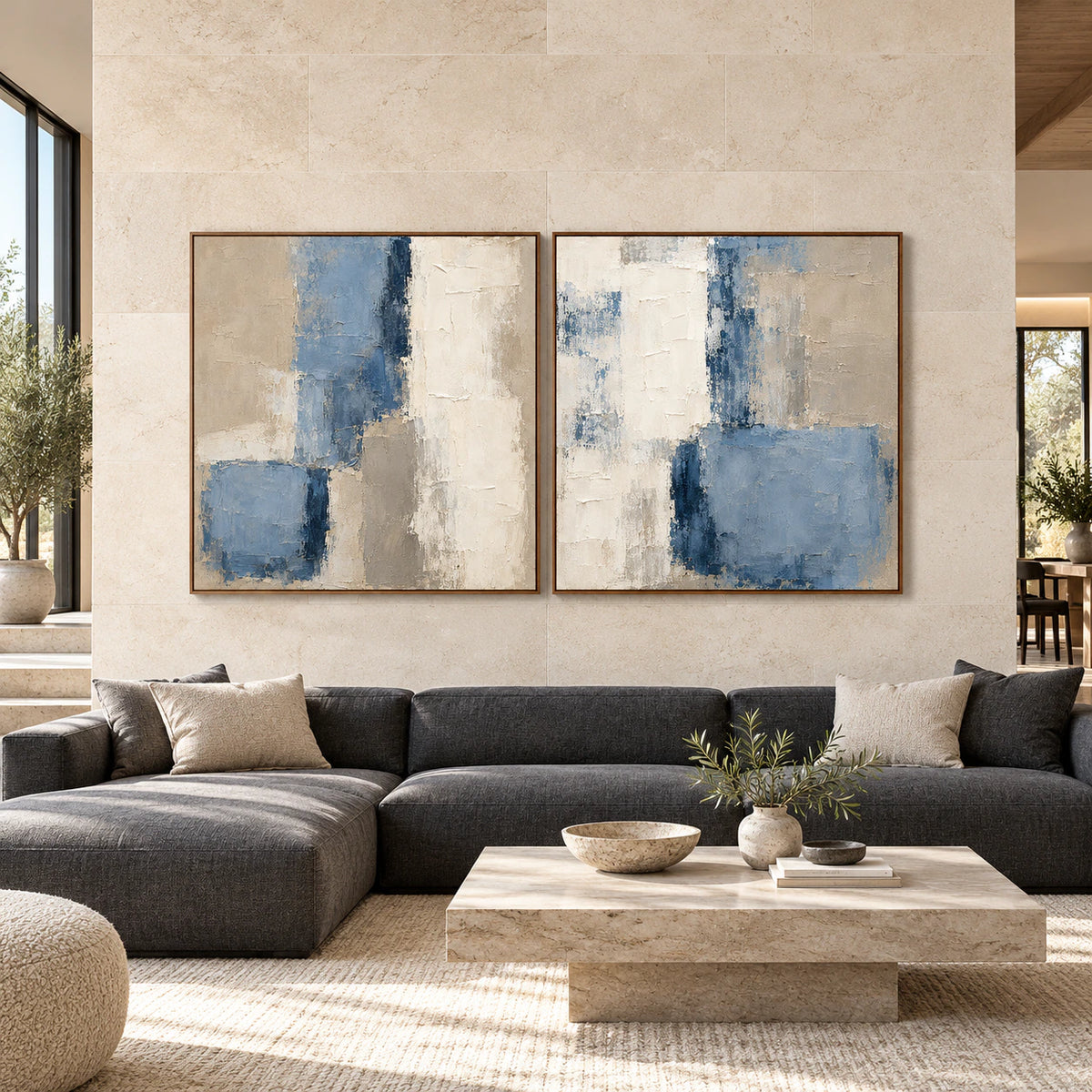 Large straight-on room view of the Slate-Interval blue and ivory textured diptych in slim walnut frames.