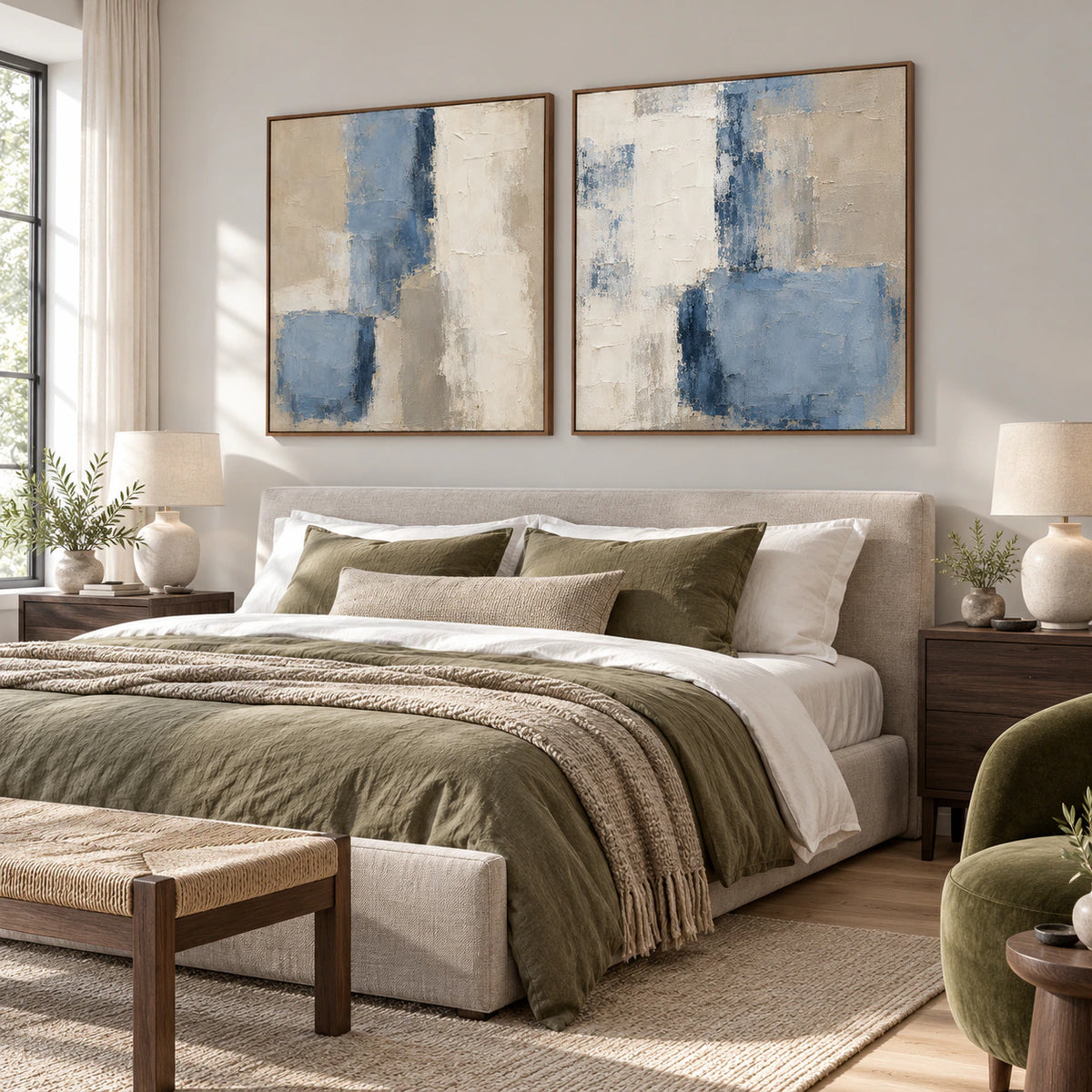 Slate-Interval textured set of two above a bed in a quiet bedroom.