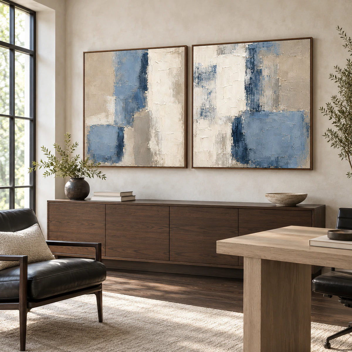 Slate-Interval diptych in an airy home office reading space.