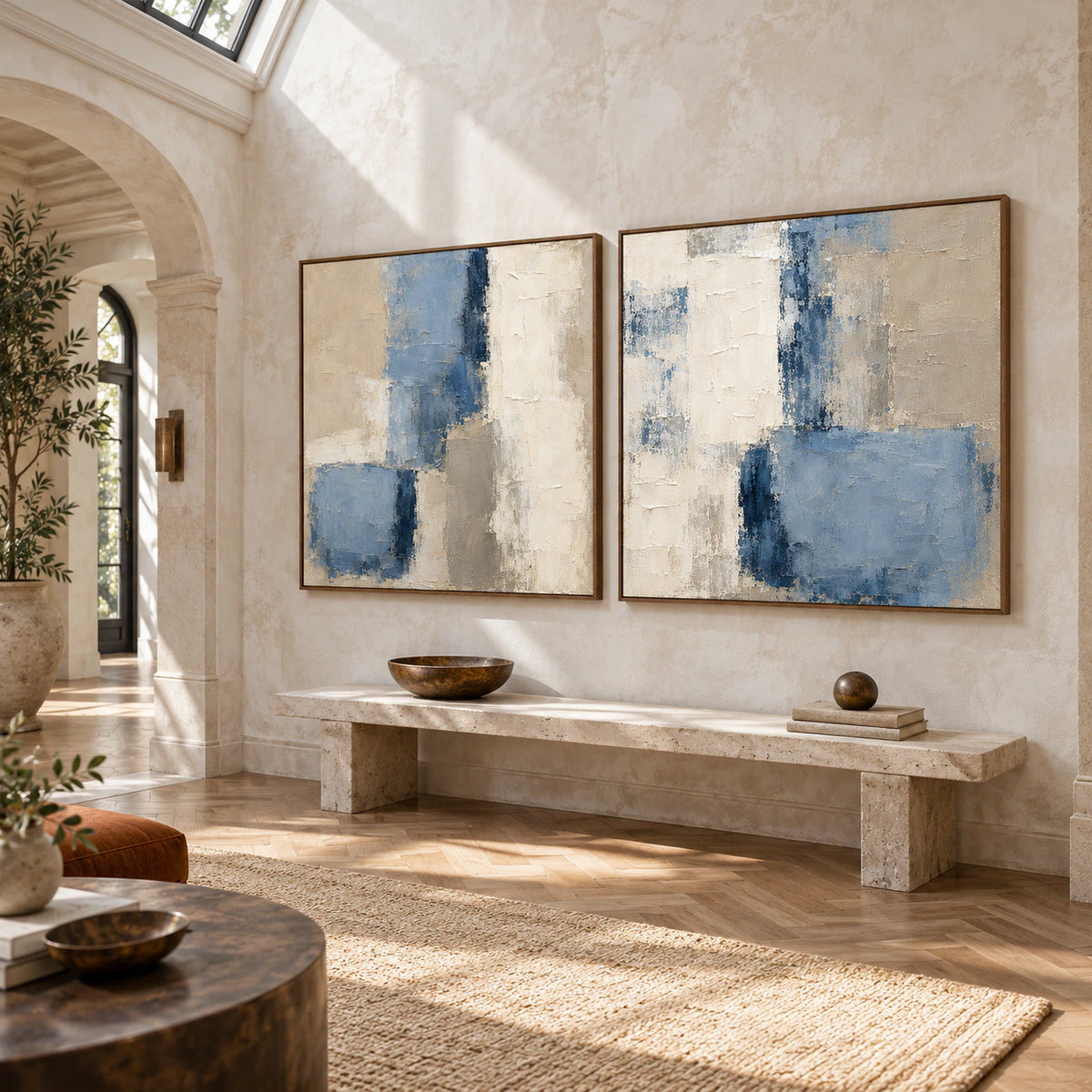 Slate-Interval framed diptych at gallery scale in a bright foyer.