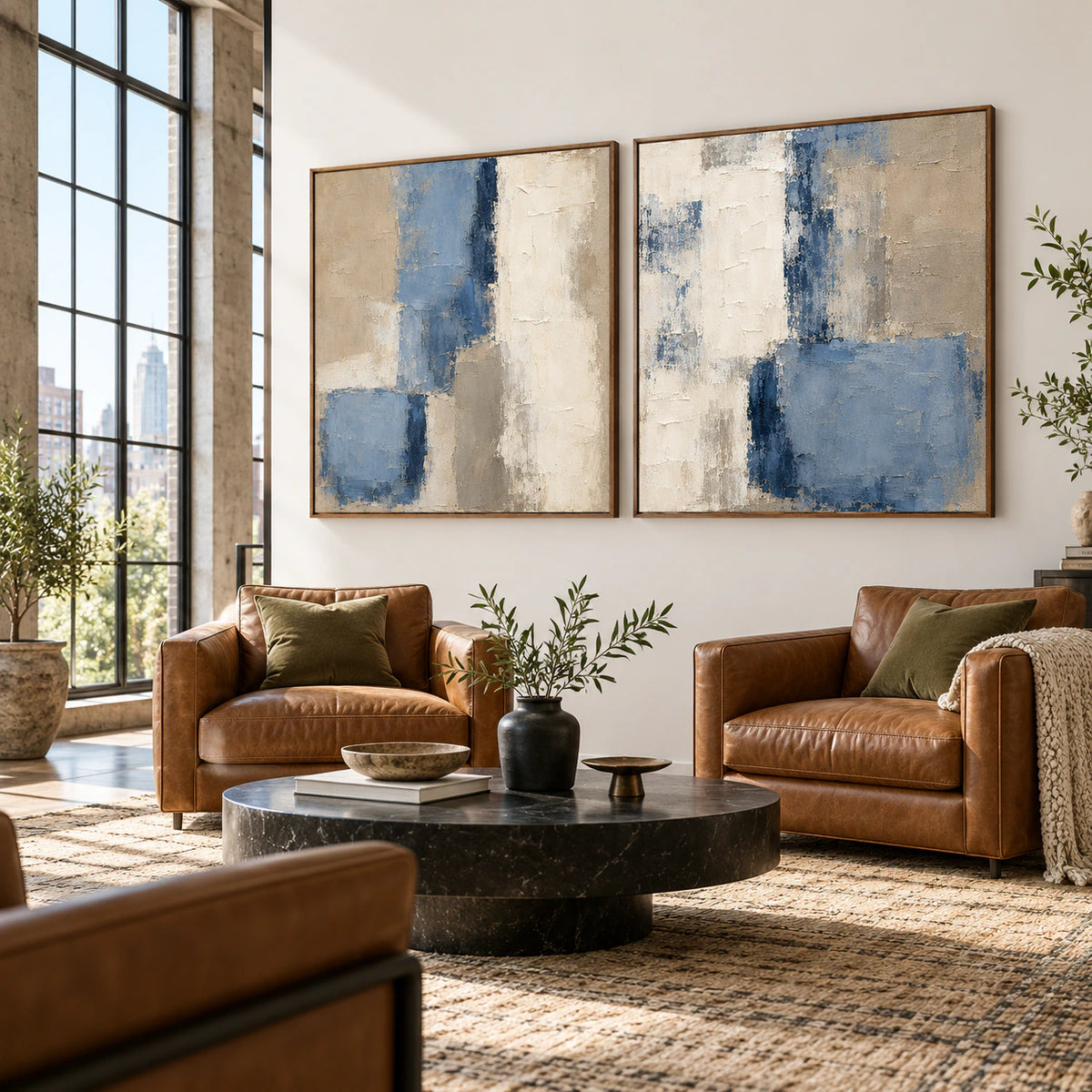 Slate-Interval textured canvas pair in an expansive hospitality loft interior.