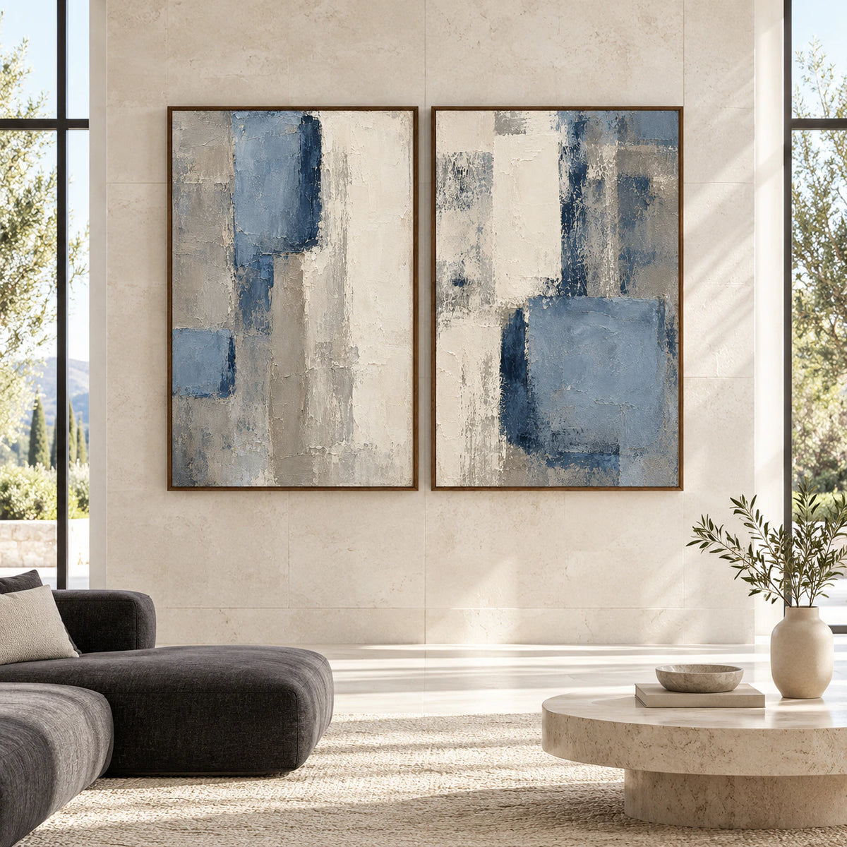 Slate-Quarters diptych displayed at large scale, straight-on in an open architectural interior.