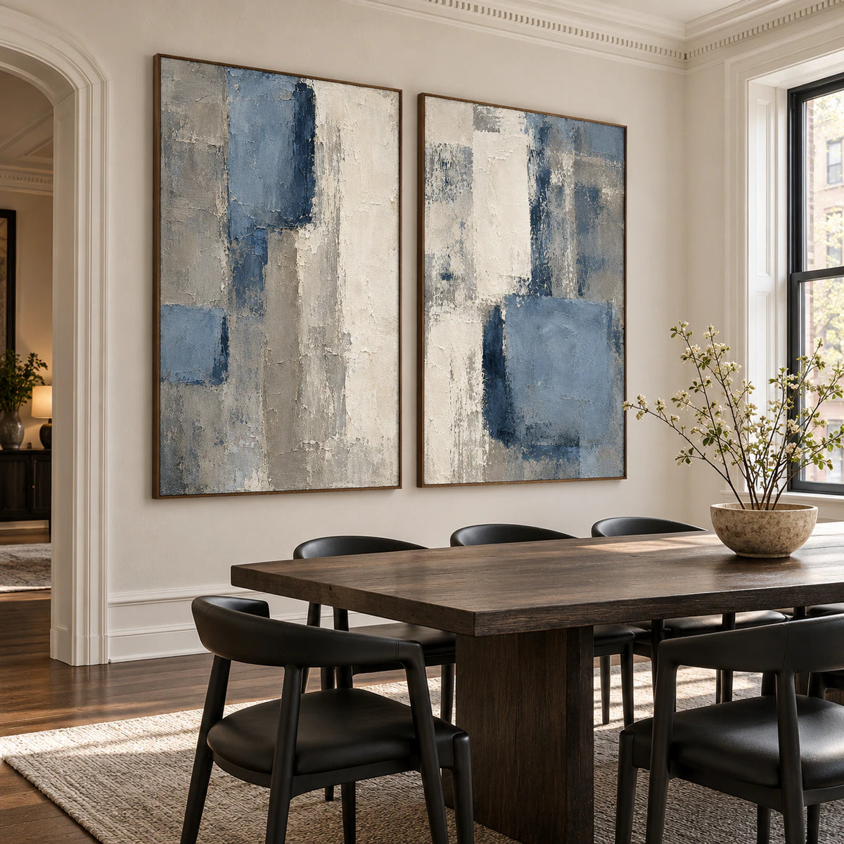 Slate-Quarters diptych in a refined daylight-filled dining room.