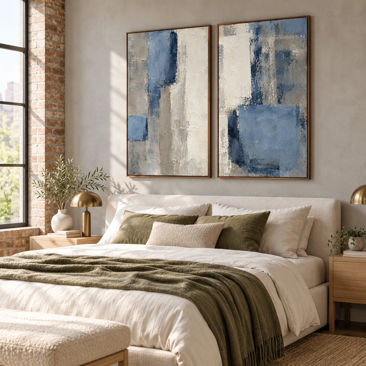 Slate-Quarters diptych in a quiet, softly lit bedroom.