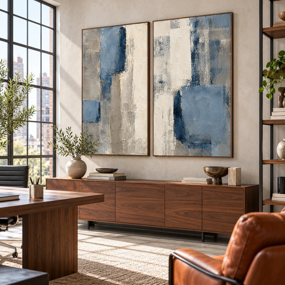 Slate-Quarters diptych in an airy reading and home-office space.