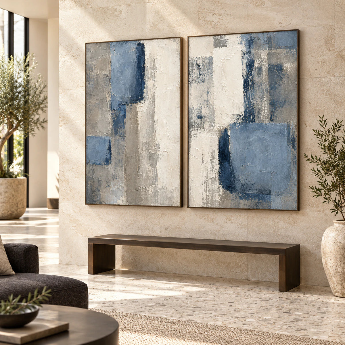 Slate-Quarters diptych at gallery scale in a bright foyer.