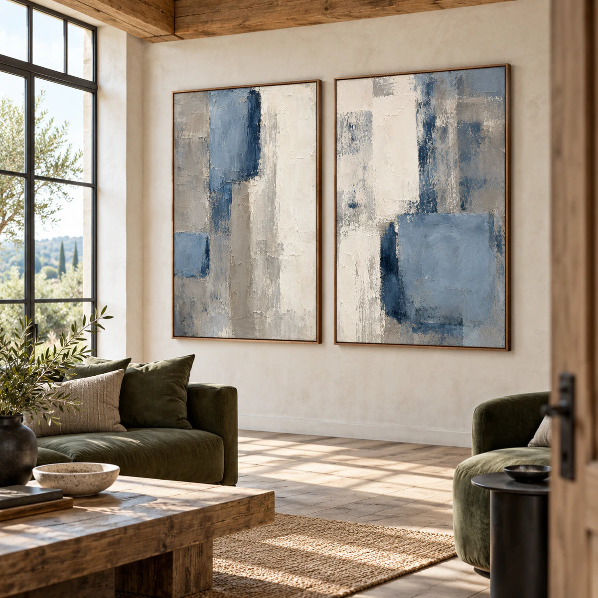 Slate-Quarters diptych in an expansive daylight-filled loft interior.