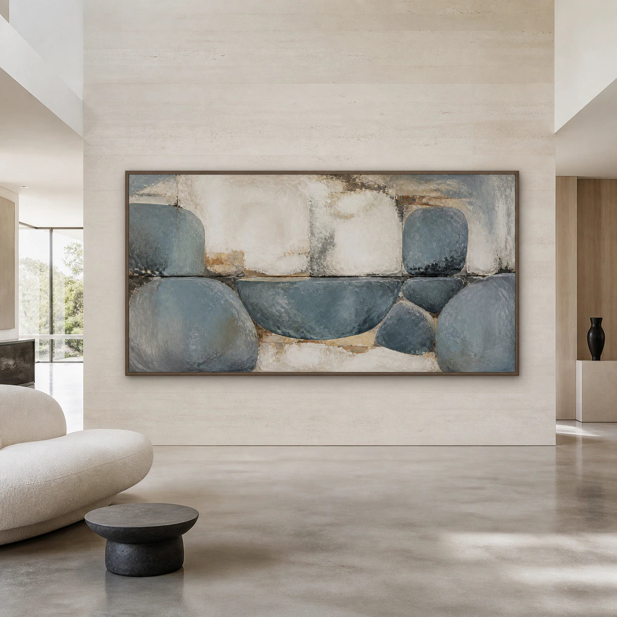 Large straight-on gallery interior featuring the blue-grey and ivory abstract painting at an impressive scale.