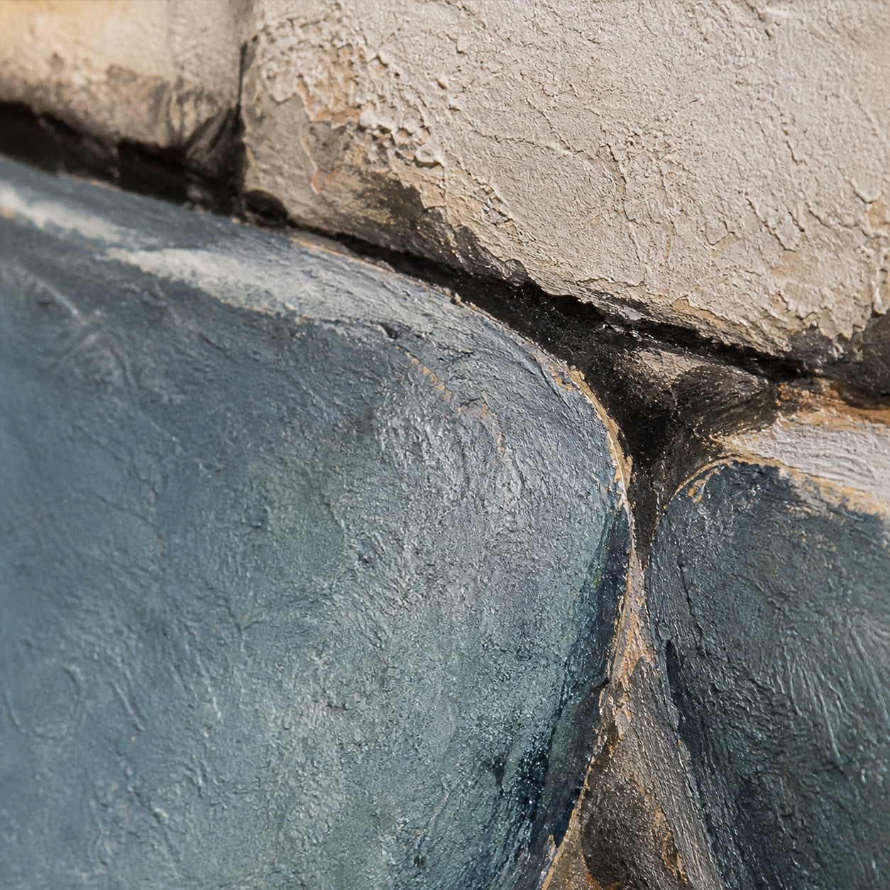 Slate-Threshold oil painting brushwork and impasto detail photographed from an oblique side angle