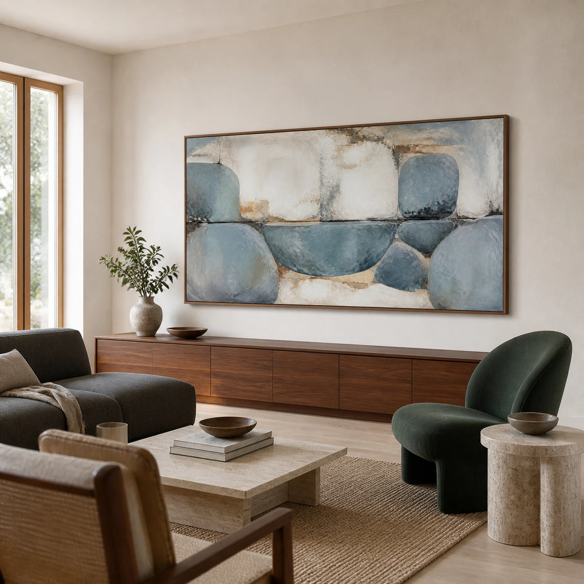 Bright living room with the blue-grey and ivory abstract painting as the central large-scale artwork.
