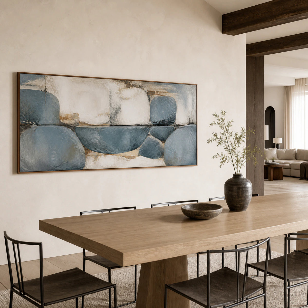 Refined dining room with the textured horizontal abstract painting displayed prominently.