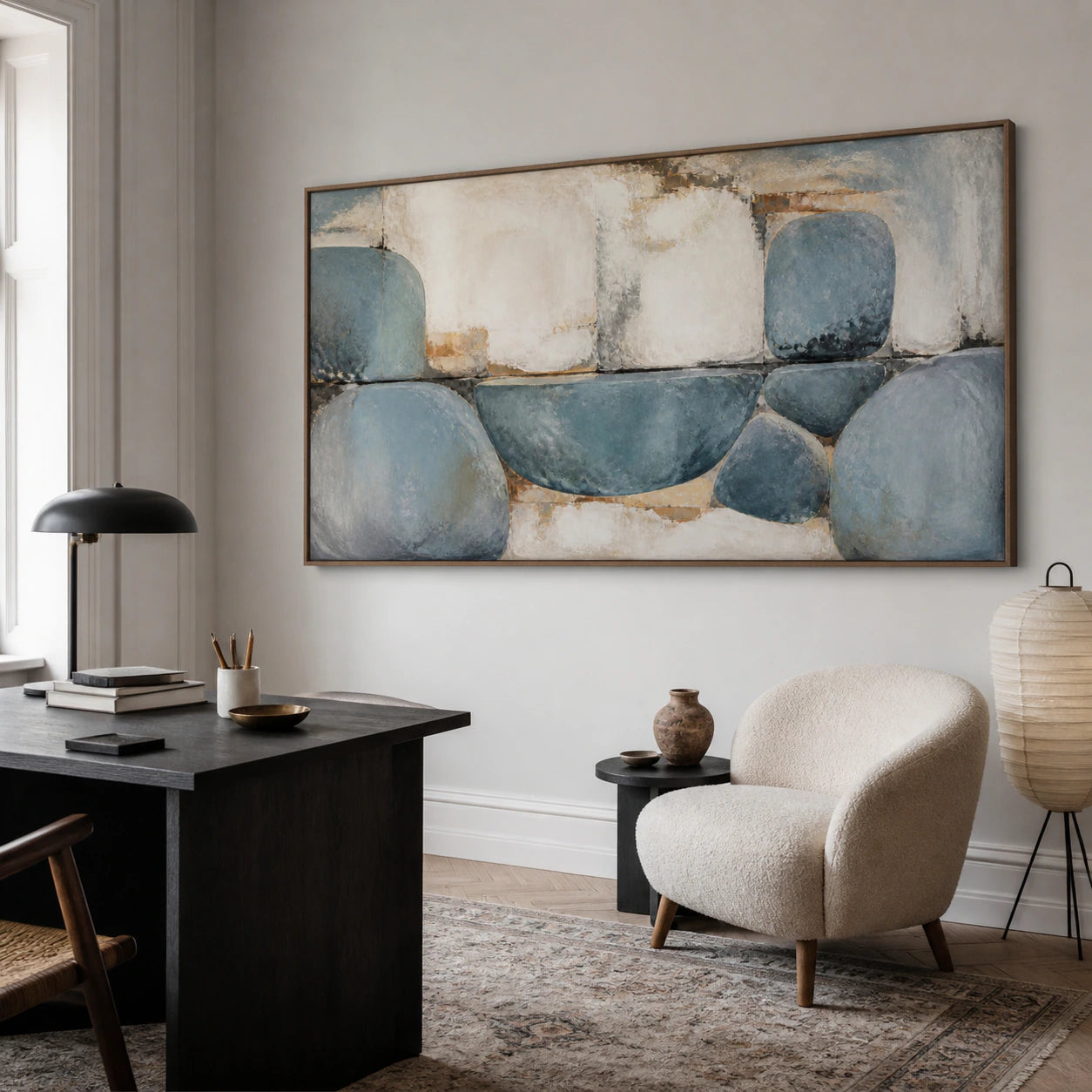 Airy home office with the textured abstract painting as the primary wall feature.
