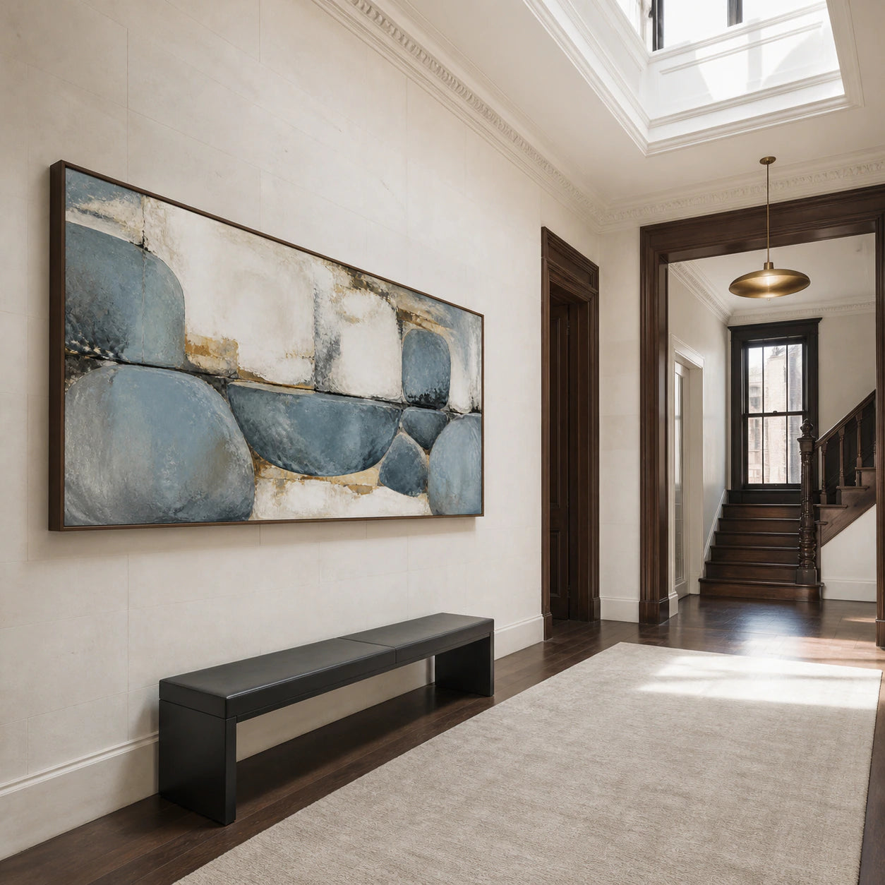 Gallery-scale foyer with the blue-grey and ivory painting installed at a commanding scale.
