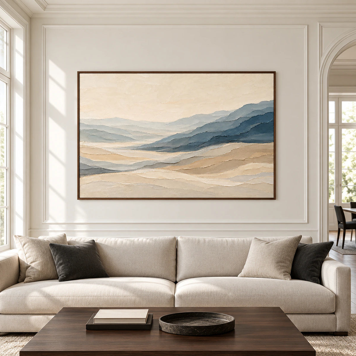 Large framed horizontal abstract landscape centered on a spacious wall, with layered slate-blue ridges and warm ivory and sand bands.