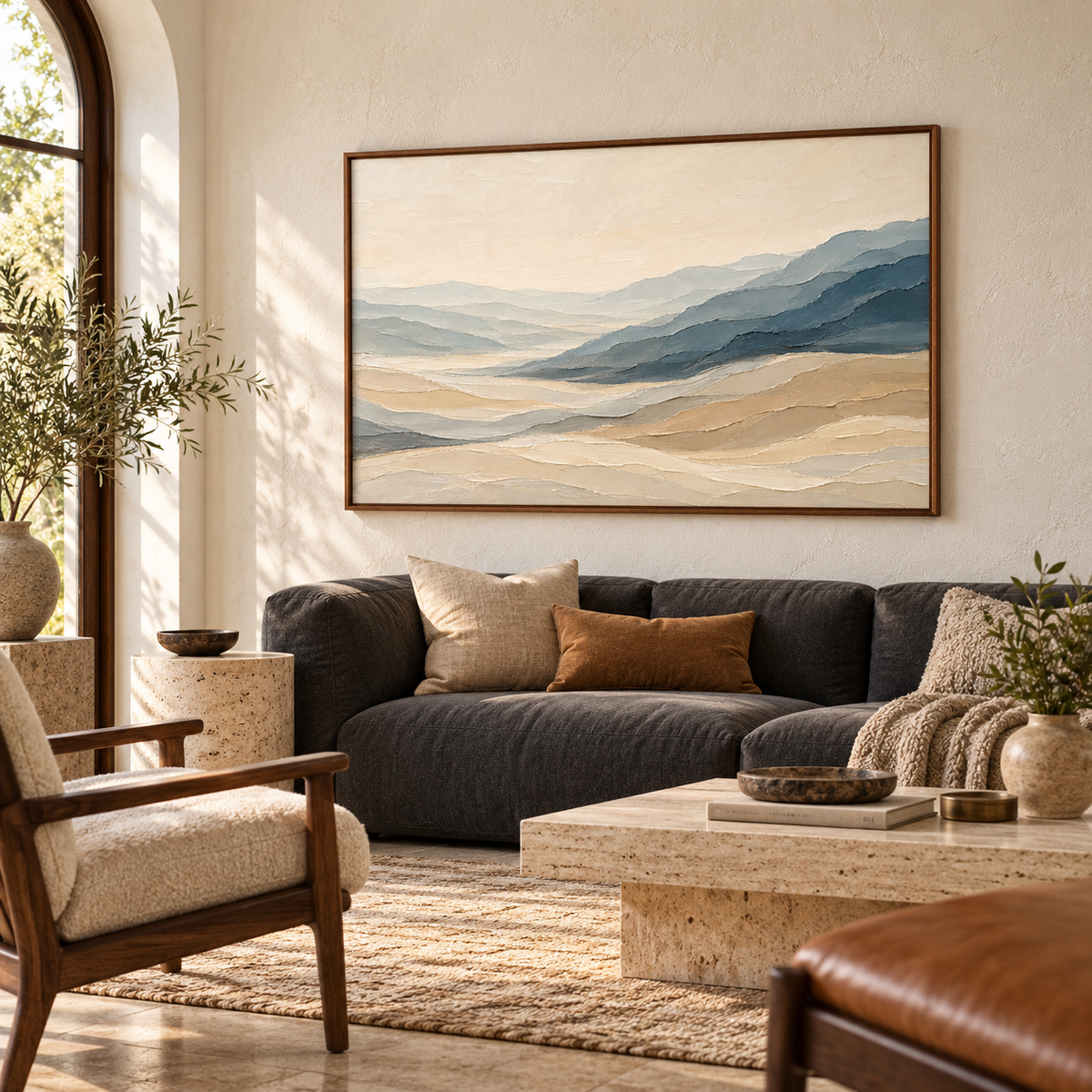 Large horizontal landscape artwork above a low charcoal sofa in a bright, open living room.