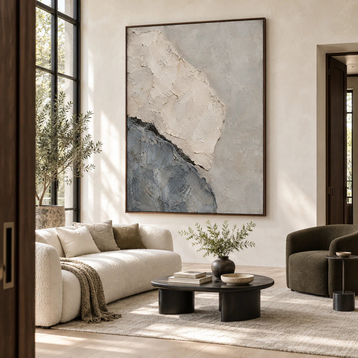 Slate-Veil as the focal artwork in a bright contemporary living room.