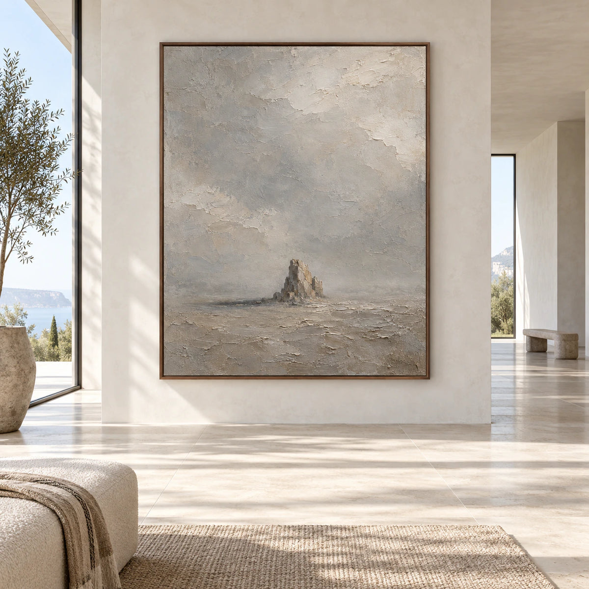 Solitary-Cairn displayed at large scale in a spacious, straight-on contemporary interior.