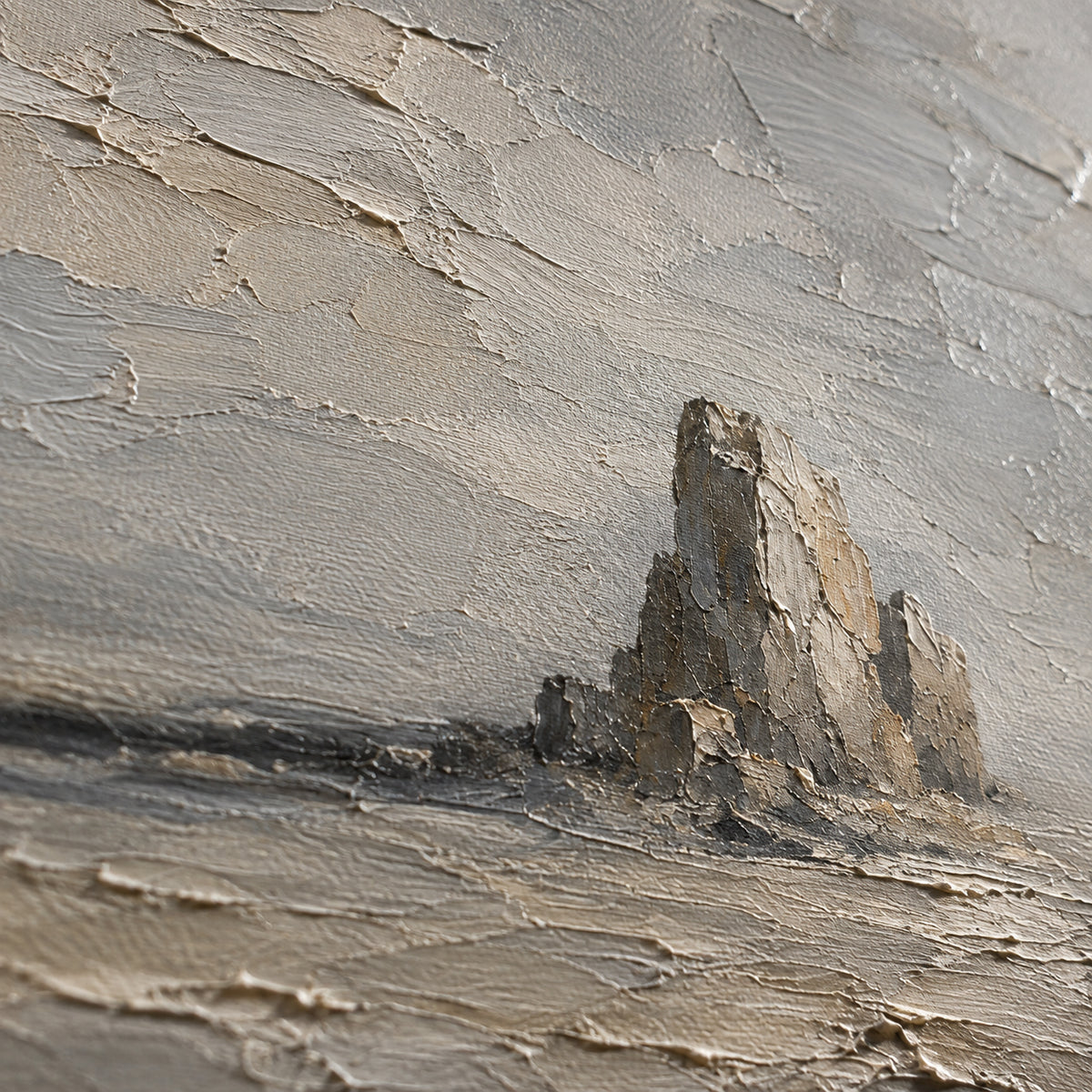 Solitary-Cairn oil painting brushwork and impasto detail photographed from an oblique side angle