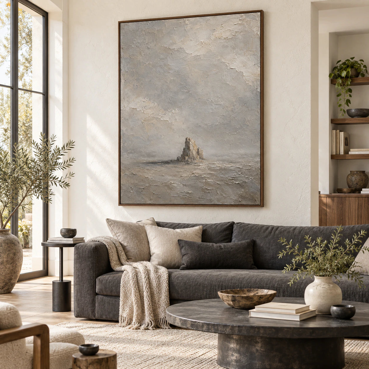 Solitary-Cairn above a sofa in a bright, open living room.