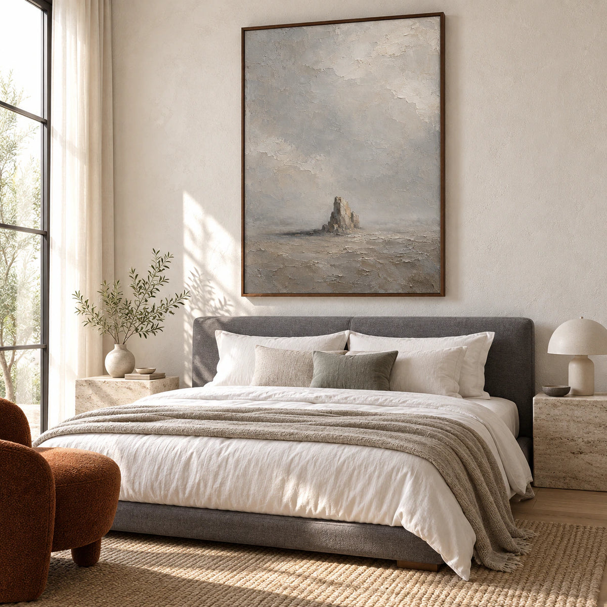 Solitary-Cairn above a low bed in a quiet, light-filled bedroom.