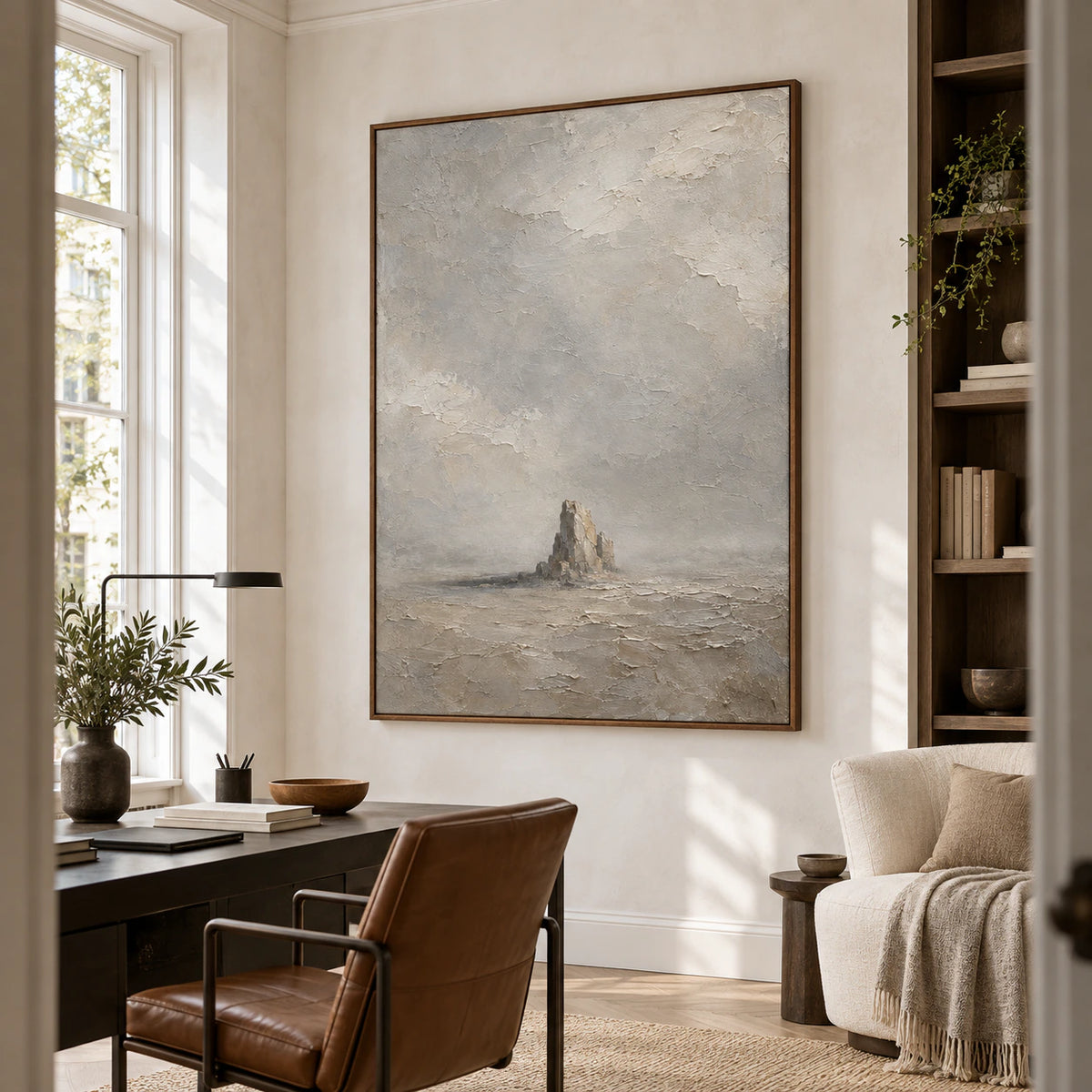 Solitary-Cairn in an airy home office reading space.