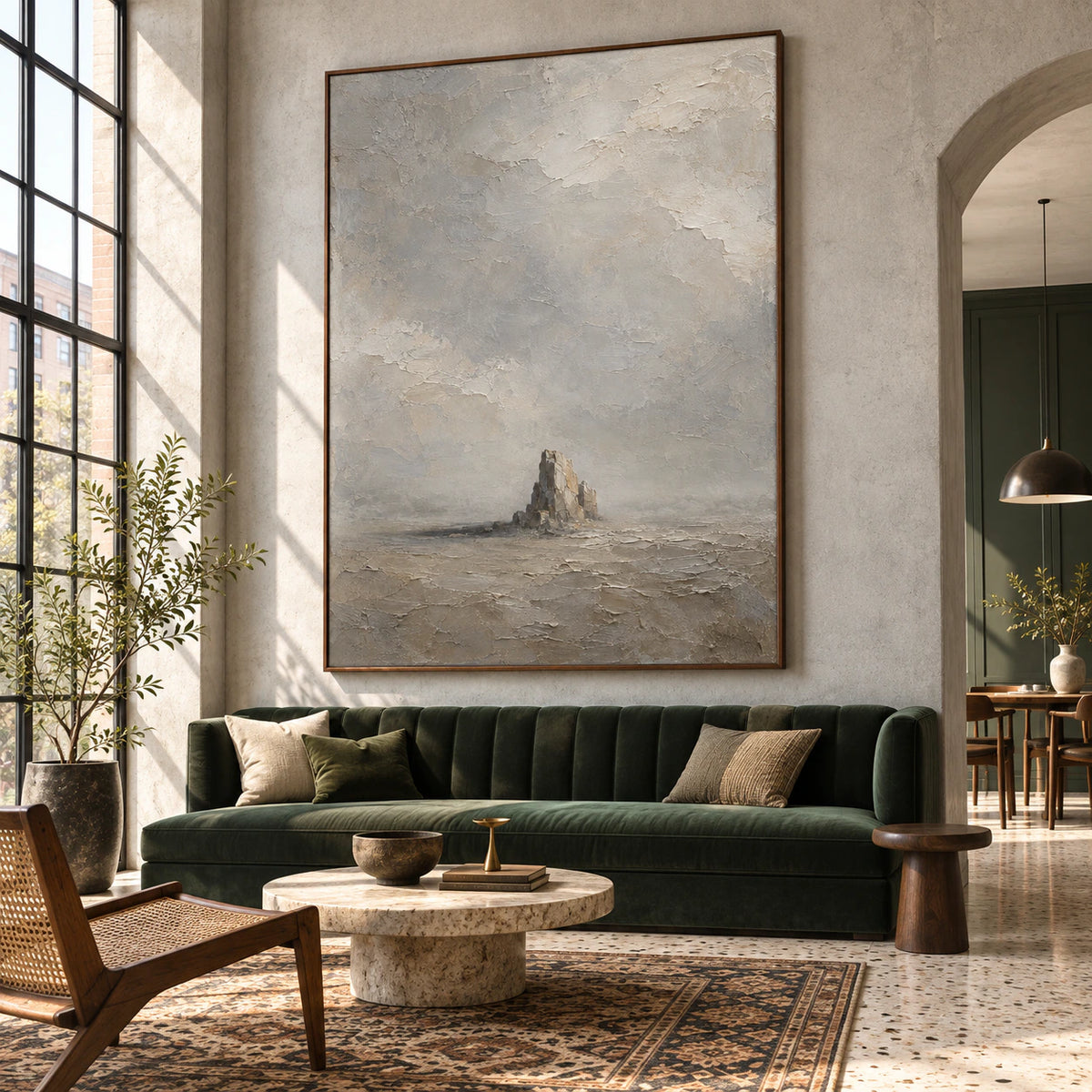 Solitary-Cairn as a large focal point in an expansive loft hospitality interior.