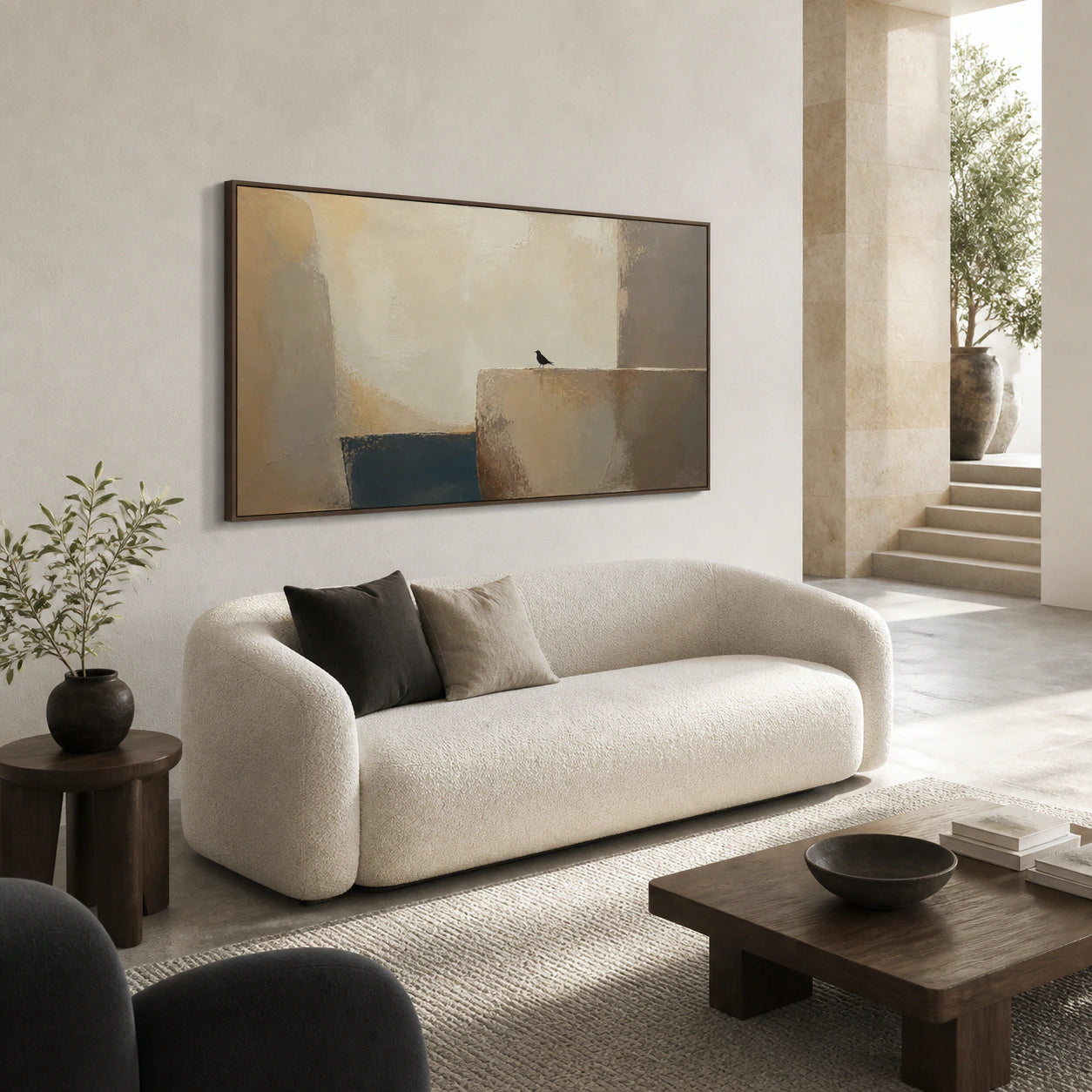 Solitary-Lintel as the focal point above a restrained sofa in a bright living room.