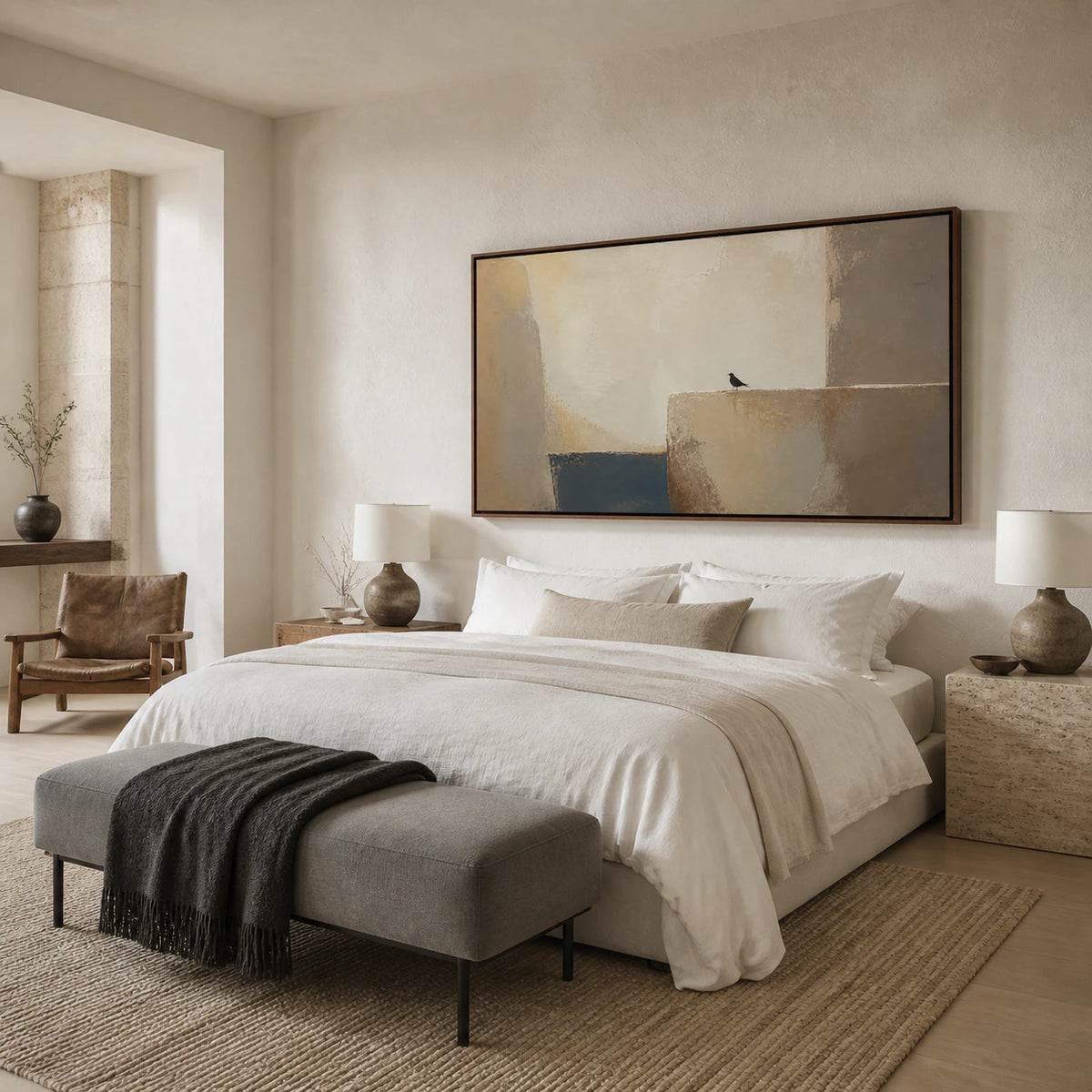 Solitary-Lintel above a low bed in a quiet, naturally lit bedroom.