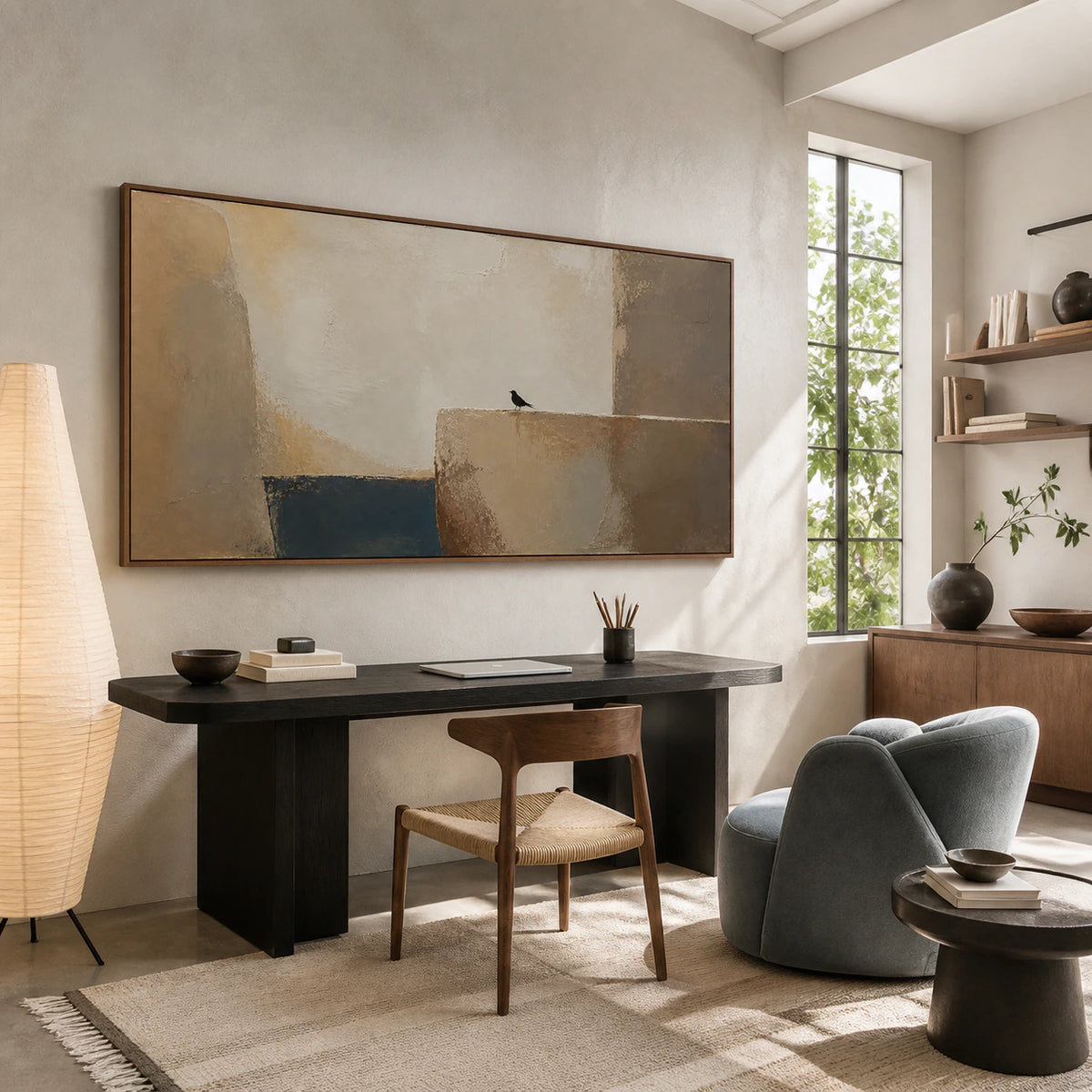 Solitary-Lintel as the main artwork in an airy home office reading space.