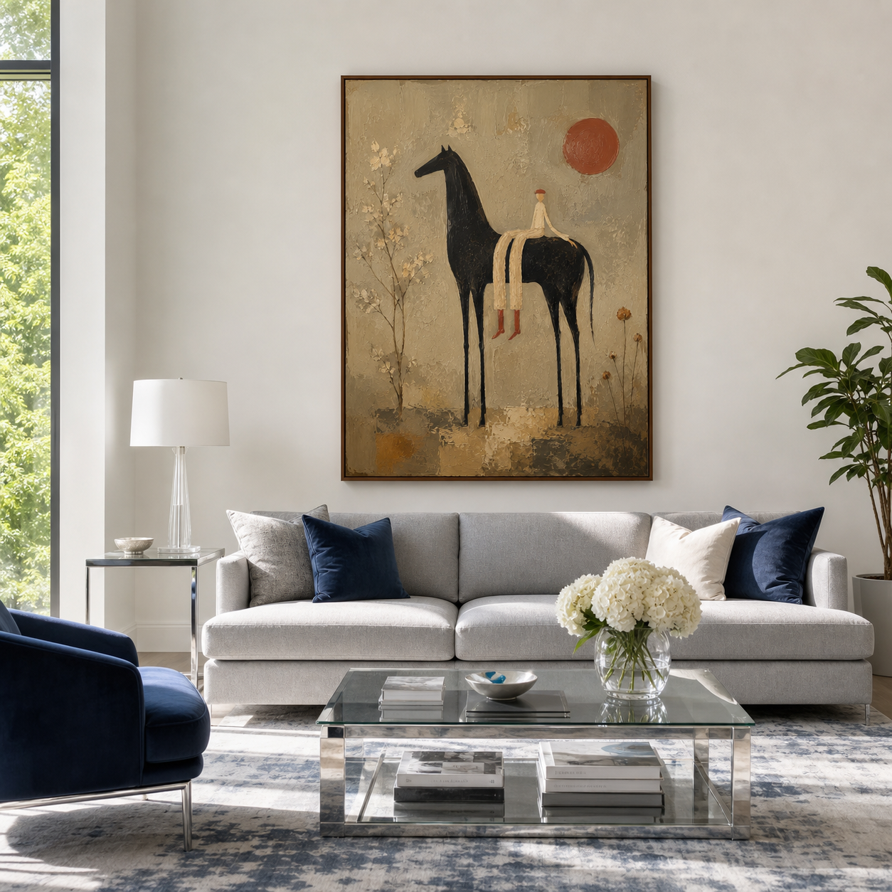 Solstice-Rider displayed prominently above cool-toned seating in a bright modern living room.