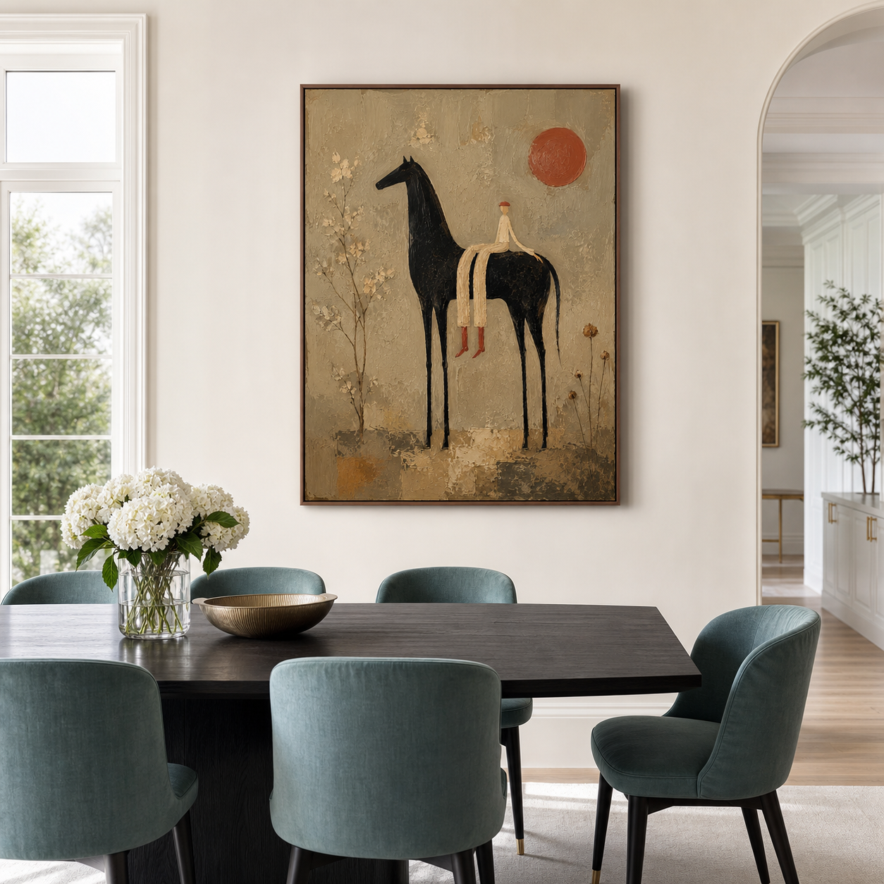 Solstice-Rider as the focal artwork in a daylight-filled dining room with charcoal and teal furnishings.
