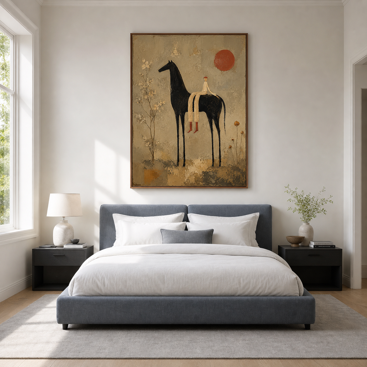 Solstice-Rider displayed at statement scale above a slate-blue bed in a quiet, naturally lit bedroom.