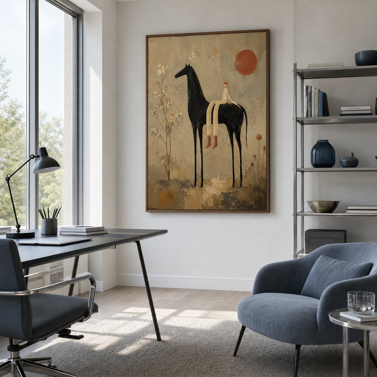 Solstice-Rider featured beside a graphite desk and blue reading chair in an airy home office.