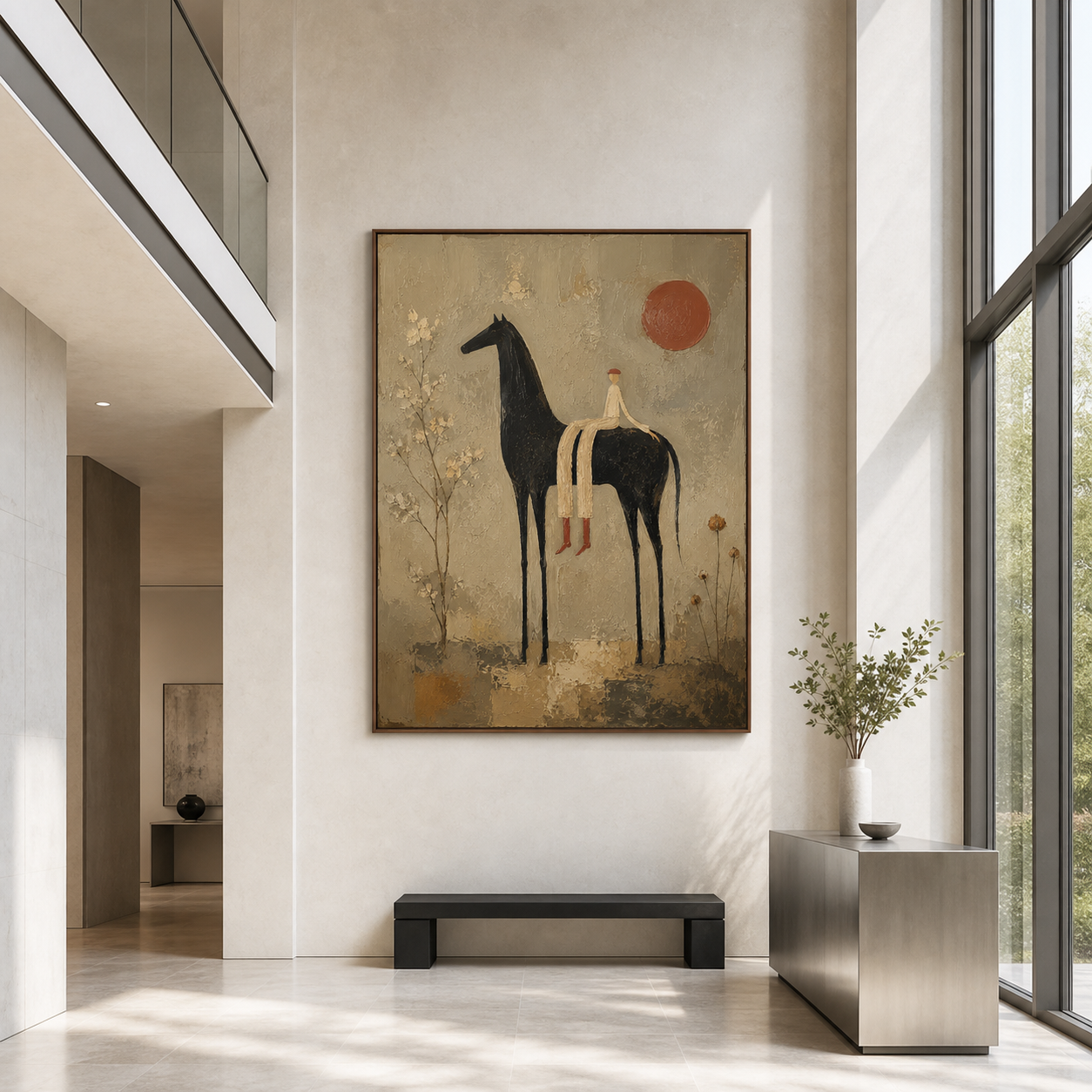 Gallery-scale Solstice-Rider centered in a luminous foyer with pale stone and minimal dark furniture.