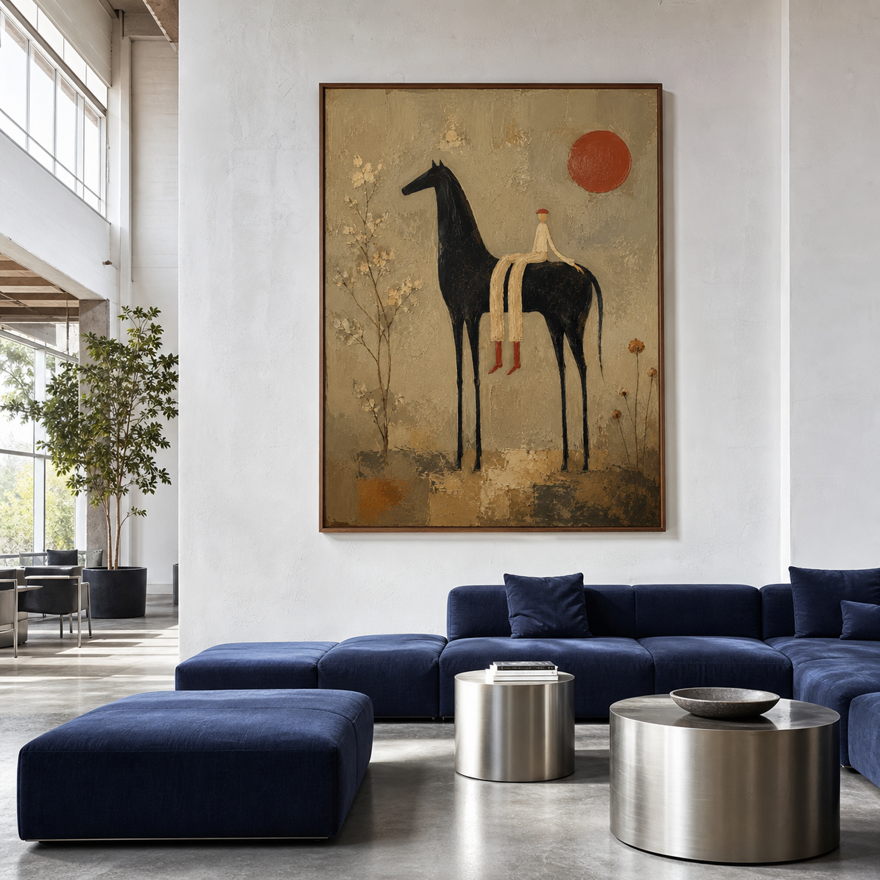 Solstice-Rider commanding an expansive daylight loft lounge with navy seating and brushed-metal accents.