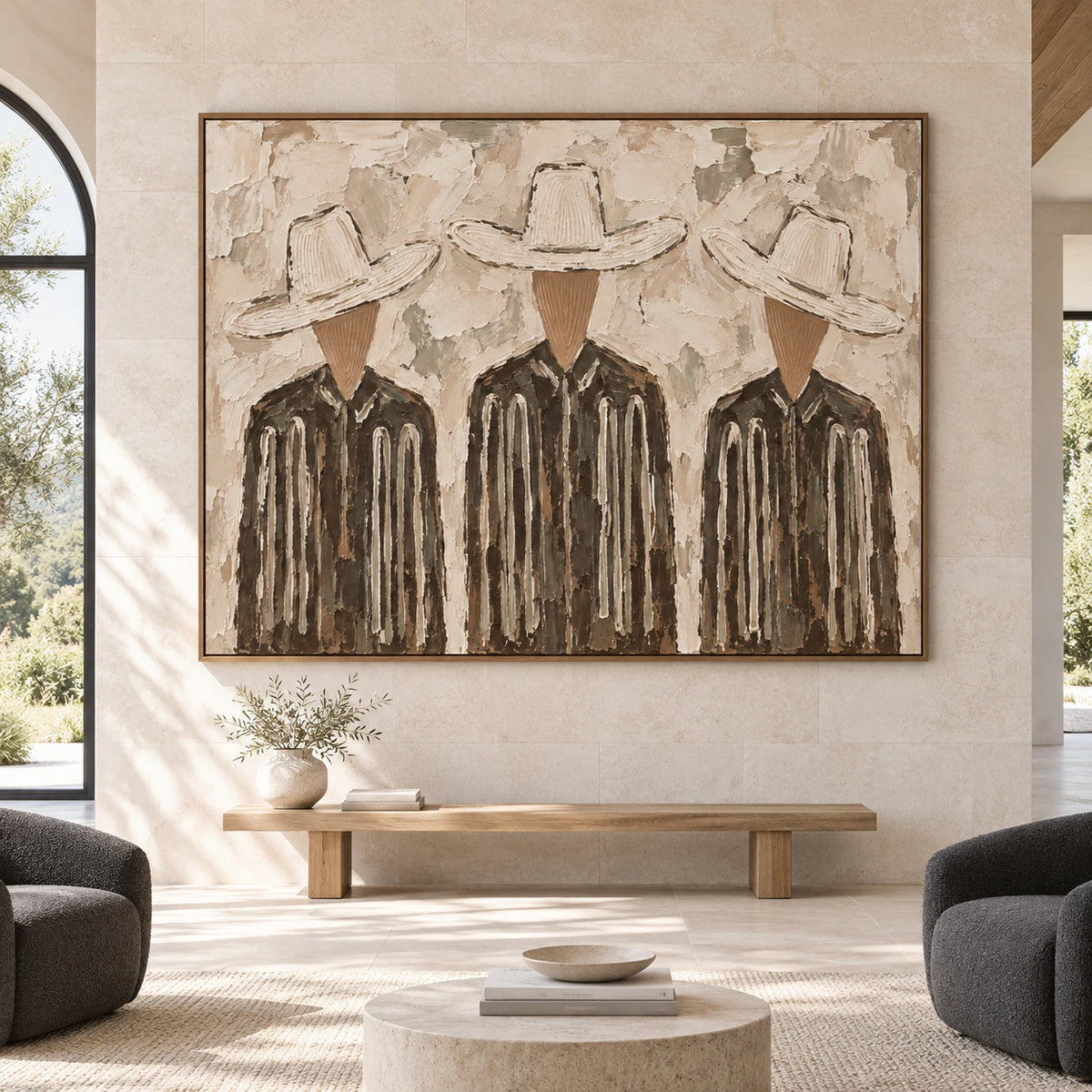 Large textured figure painting displayed straight-on at gallery scale in an open architectural living space.
