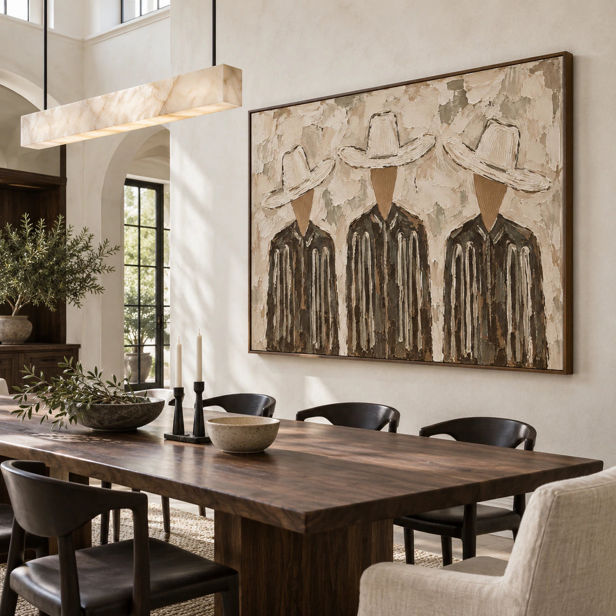 Large figure painting anchoring a refined daylight dining room.