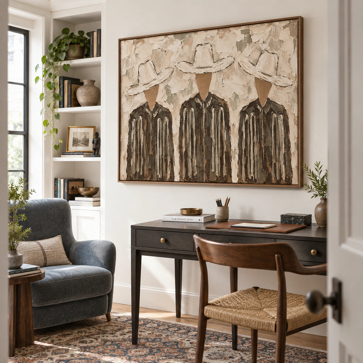 Textured painting of three figures in an airy reading and home-office space.