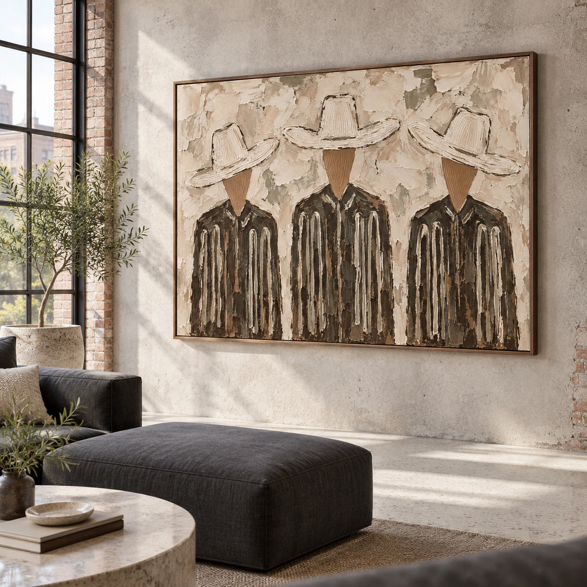 Large earth-toned figure painting in an expansive daylight hospitality loft.