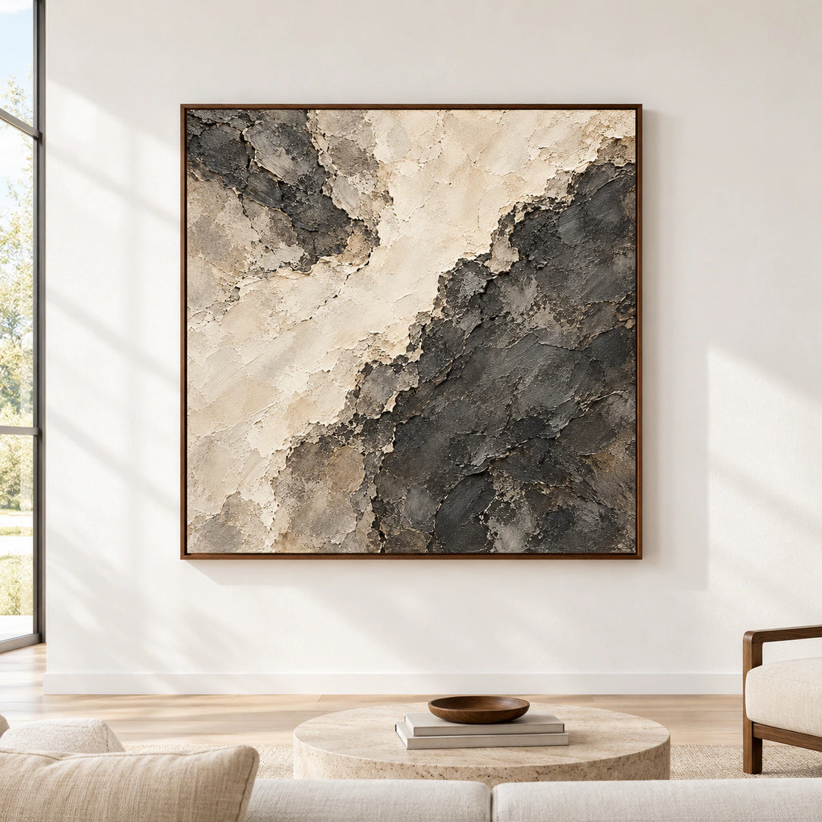 Soot-Divide square abstract painting viewed straight-on in a bright, spacious living area with a coffee table and seating.